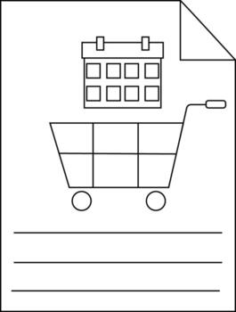 The image shows a calendar and shopping cart on a sheet with writing lines and a folded corner vector