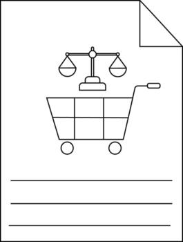 A document has a shopping cart beneath scales and blank lines for notes vector