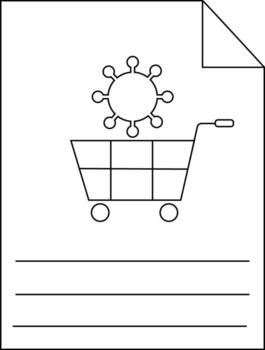 A page shows a shopping cart with a virus symbol above it and lines for text vector