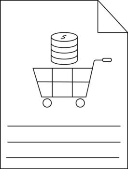 A page with a shopping cart beneath stacked coins featuring lines for writing and a folded corner vector