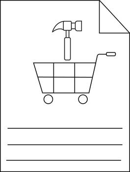A sketch shows a hammer resting in a shopping cart on a page with lines and a folded corner vector