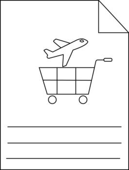 Airplane in a shopping cart on paper with lines and a corner fold vector