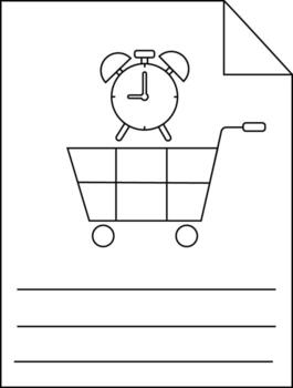 Black and white image of an alarm clock in a shopping cart on paper with lines vector