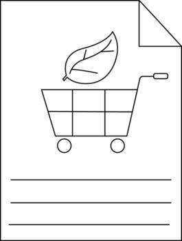 Blacklined drawing a leaf above a shopping cart on a document with blank lines at the bottom vector