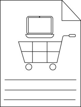 Line art of a document containing a laptop on a shopping cart over blank lines and a folded corner vector