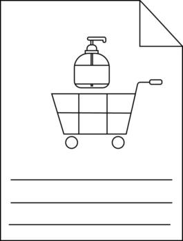 Outline drawing shows soap dispenser on shopping cart on page with writing lines and folded corner vector