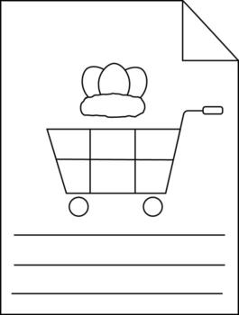 Outline of a shopping cart with eggs in a nest atop set on a sheet of paper with lines for writing vector