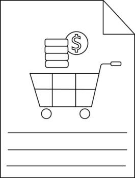 Outlined image of a shopping cart stacked coins and paper with lines vector