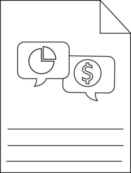 A document shows chat bubbles with a pie chart and dollar sign above three horizontal lines vector
