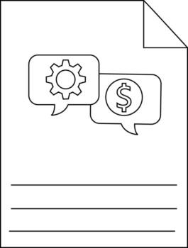 A document with a folded corner shows talk bubbles with a gear and dollar sign above three lines vector