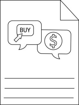A document with buy buttoncursor in speech bubble overlapping with dollar sign in a speech bubble Lines at the bottom vector