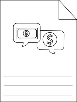 A document with two thought bubbles featuring a dollar bill and a dollar sign above three lines vector