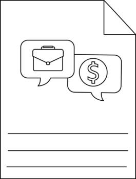A sheet with a turneddown corner shows speech bubbles with a briefcase and dollar sign above lines for text vector