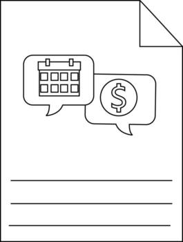 A sheet with a folded corner displays a calendar and dollar sign in speech bubbles above three horizontal lines vector