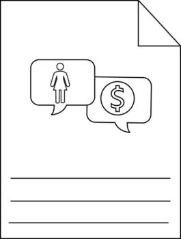 A sheet shows two speech bubbles one with a female figure the other with a dollar sign and three lines for writing vector