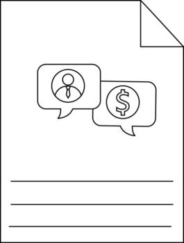 Document icon with speech bubbles depicting a person and a dollar symbol vector