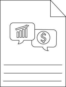 Black and white document graphic with upward bar graph dollar sign lines and a folded corner vector
