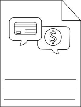 Image displays speech bubbles with a credit card and dollar sign on a lined document with a folded corner vector