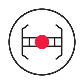 Geometric abstraction with central focus red dot and intricate line framework within circular vector