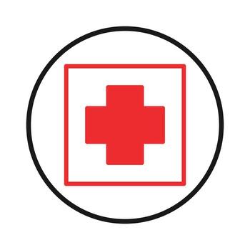Iconic representation of healthcare services with a red cross symbol displayed on a square shape vector