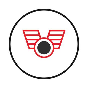 Minimalist badge design featuring a red frame with wings and a dark center within a black circle vector