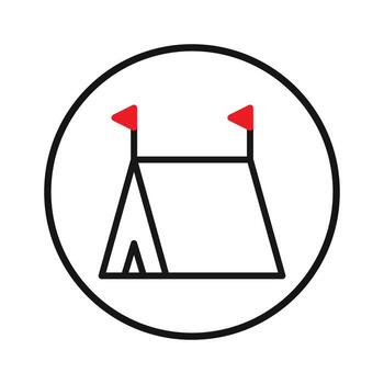 Minimalist camping icon depicting a basic tent structure with small red flags inside circular vector