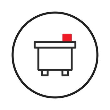 Minimalist desk icon with red accent offers a simplified design for digital interfaces and vector