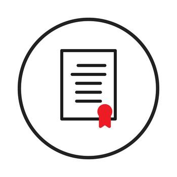 Minimalist document icon inside circle with a red seal implying validity or approval and the text vector