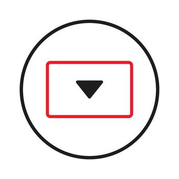 Minimalist graphical representation featuring an outlined rectangle shape with a downward facing vector