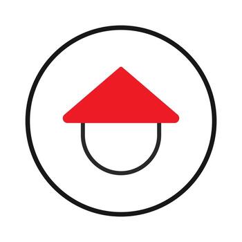 Minimalist representation of a figure with a red conical hat within a circular frame offering vector