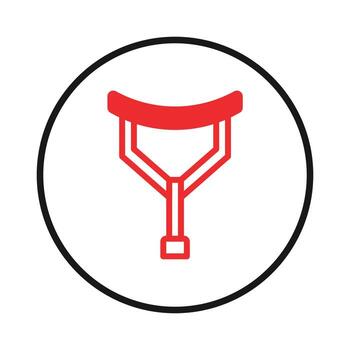 Minimalist visual representation of a red orthopedic crutch icon within a black encircled design vector
