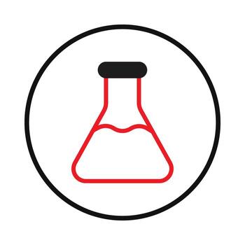 Minimalistic red outlined laboratory flask illustration within a circular black frame conveying vector