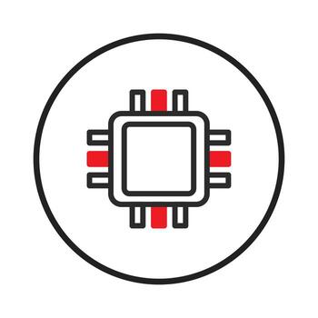 Minimalistic rendering of a computer microchip in a circle displaying technological hardware and vector