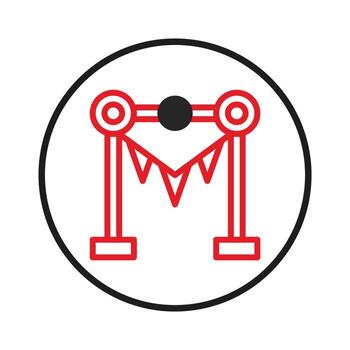 Stylized gate icon featuring red supports and decorative flags within a circular emblem design vector