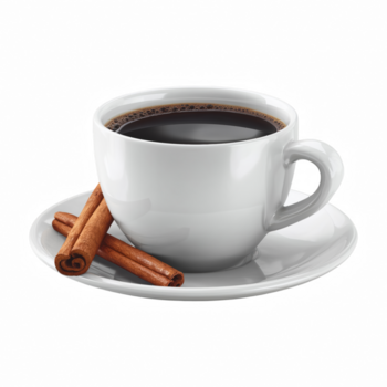 schwarz Kaffee im Weiß Keramik Tasse mit Zimt Stöcke auf Untertasse, isoliert auf transparent Hintergrund. png