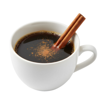 Weiß Keramik Tasse gefüllt mit dunkel Kaffee bestreut mit Zimt und ein Zimt Stock png