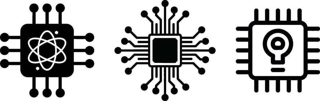Quantum ai processor, circuit board, and smart chip icons set vector