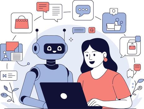 Ai robot assists woman with online tasks and customer support vector