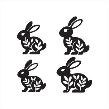 cuatro gráfico Conejo íconos con blanco hoja patrones, conjunto vector