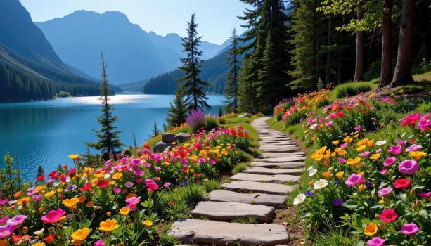 A serene stone path winds through a dense forest, dotted with a vibrant array of wildflowers in every hue, leading quietly toward a shimmering mountain lake untouched by human presence or wildlife. photo
