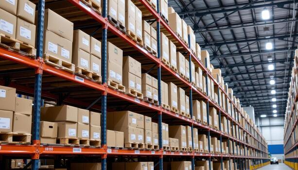 A modern distribution facility with metal racks supporting aligned boxes, reflecting efficient logistics management. photo