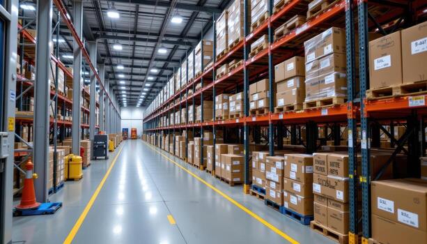 A high tech warehouse featuring automated storage systems and neatly arranged cargo. photo