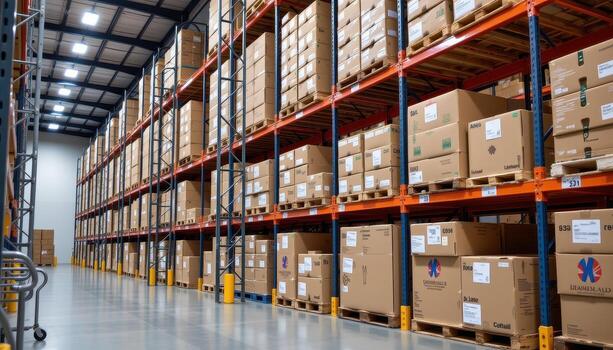A logistics facility with tall metal racks holding neatly stacked boxes, reflecting operational efficiency. photo