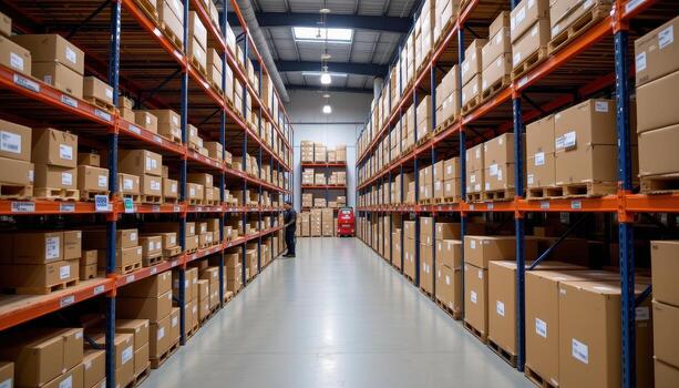 A modern facility with precisely aligned shelves and uniformly stacked shipping containers. photo