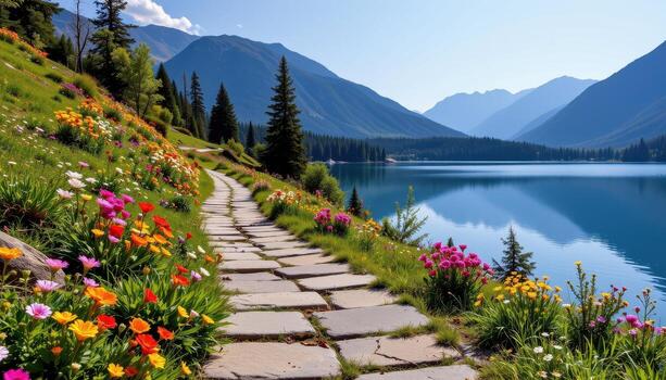 A rustic stone walkway lined with colorful wildflowers winding toward a serene mountain lake. photo