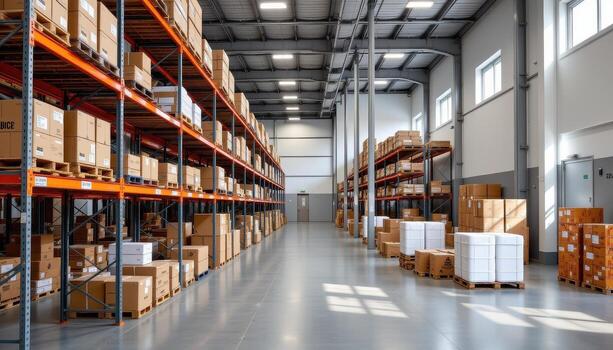 A modern logistics space with efficient layout, tall shelves, and organized goods. photo