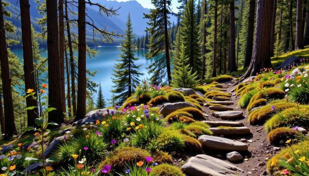 A tranquil forest trail with moss covered stones, bordered by colorful wildflowers that guide the way to a mountain lake. photo