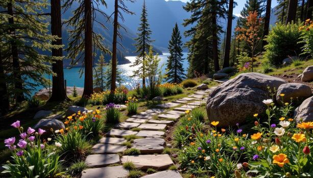 A sunlit forest path paved with stones and lined with wildflowers leading to a shimmering alpine lake. photo