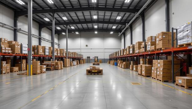A contemporary warehouse space with structured aisles and organized storage systems. photo