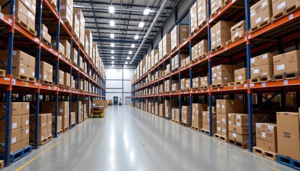 A modern logistics facility filled with clean, structured storage systems and labeled boxes. photo